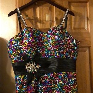 Multi color sequence and black rhinestone dress